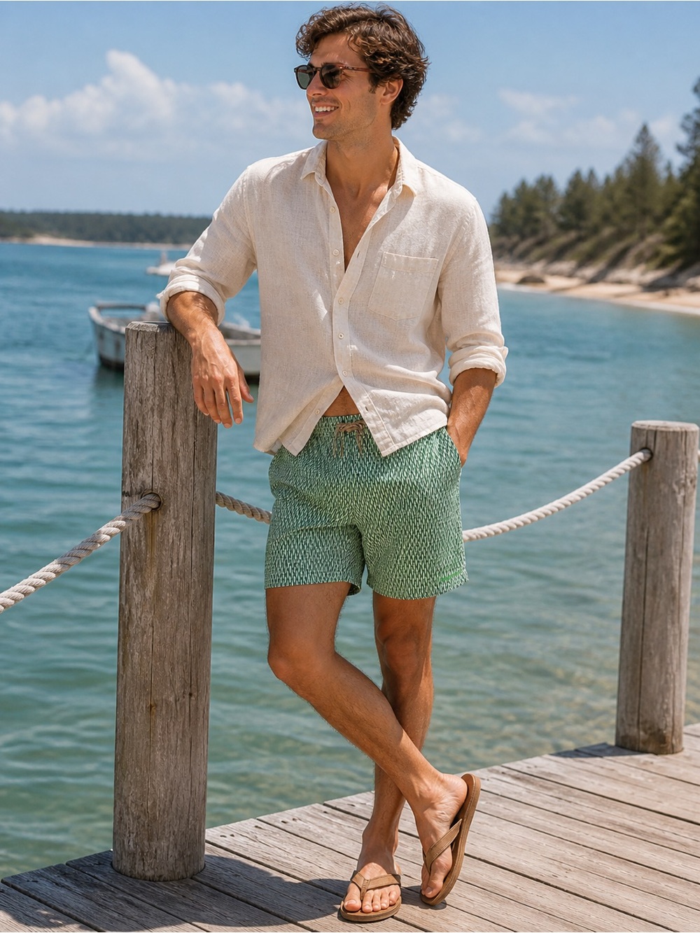 Patagonia WavefarerMen's Green & White Geometric Unlined Board Shorts Size 33”
